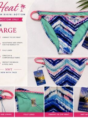 NWT Heat Blue Tie Dye Bikini Bottoms Large Bright Coral Pink Stitch Beach Swim